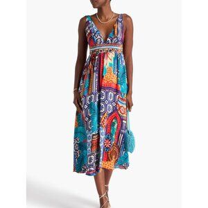 Farm Rio Forest Tiles Midi Dress, Size Large, Like New, Luxury Flowy Bohemian